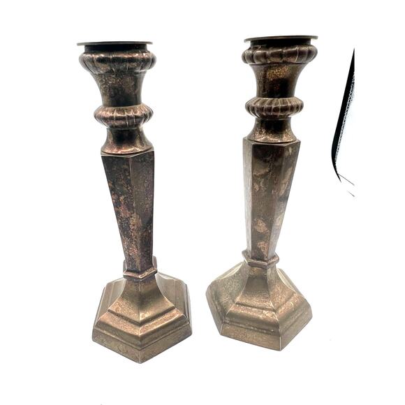 Vintage Pottery Barn‎ Silver Candle Stick Holders Hexagon Heavy Set 9.5 Inches - Picture 1 of 5